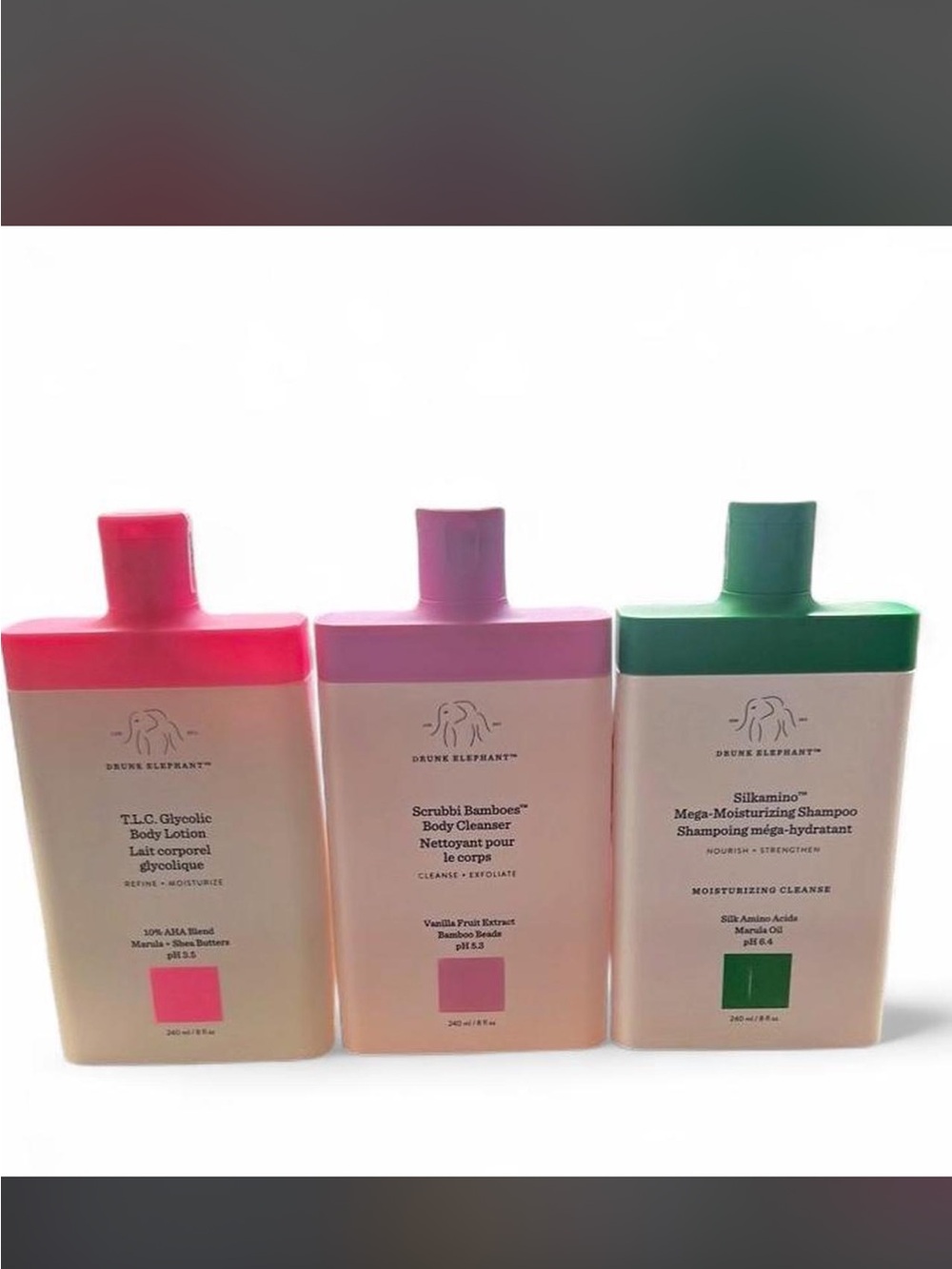 New Drunk Elephant Body Trio with shampoo, lotion, and body cleanser. 8oz each.